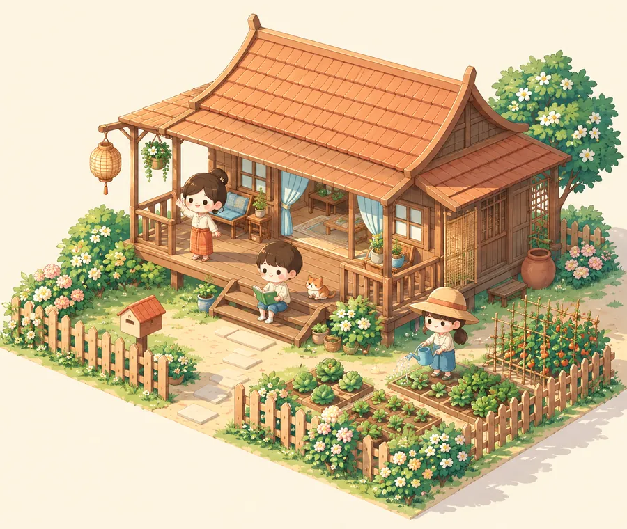 บ้านไม้ชานกว้างกับสวนหน้าบ้าน มีเพื่อนสามคนนั่งเล่นและรดน้ำแปลงผัก